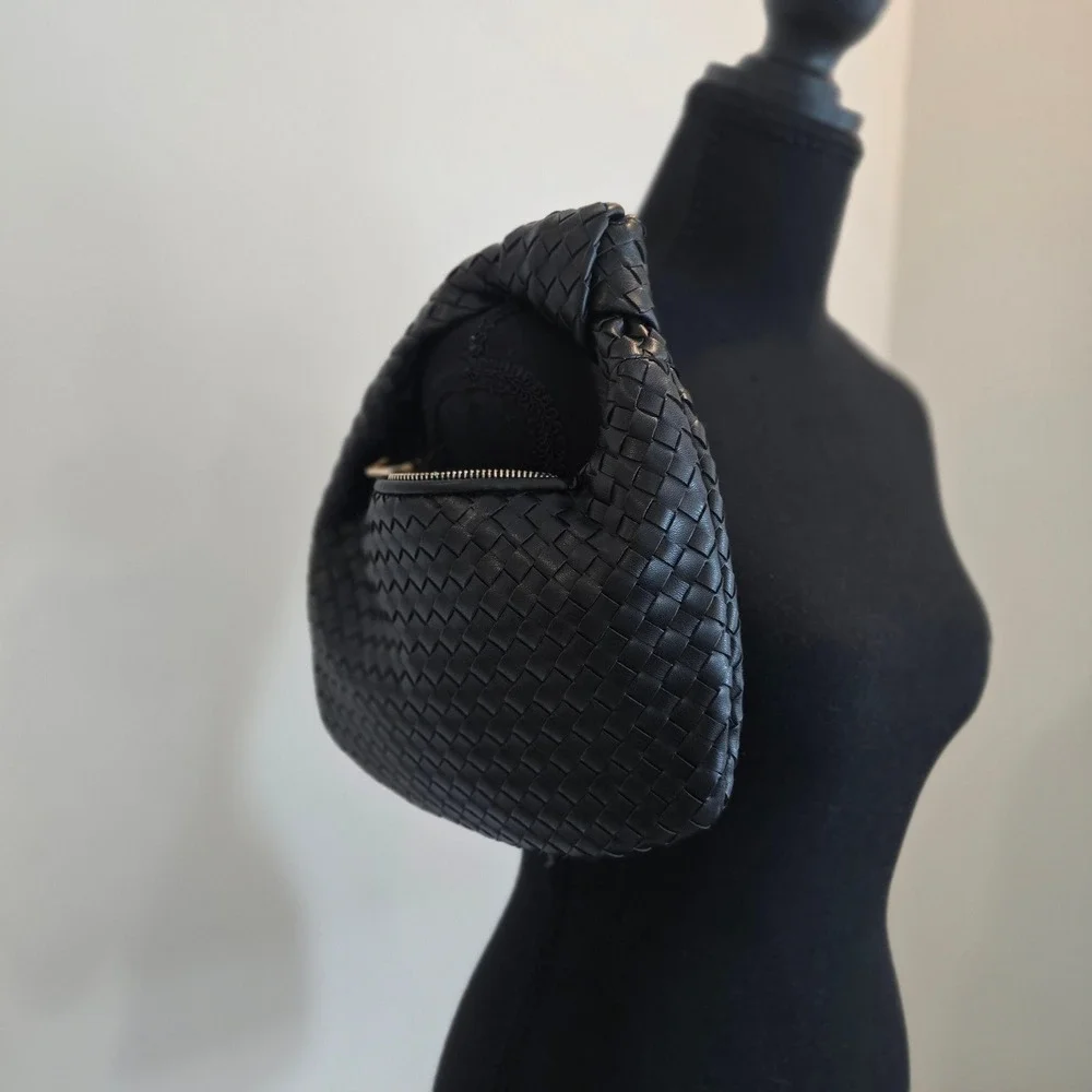 Melie Bianco Brigitte Mini Hobo Bag Womens Small Black Woven Vegan Leather